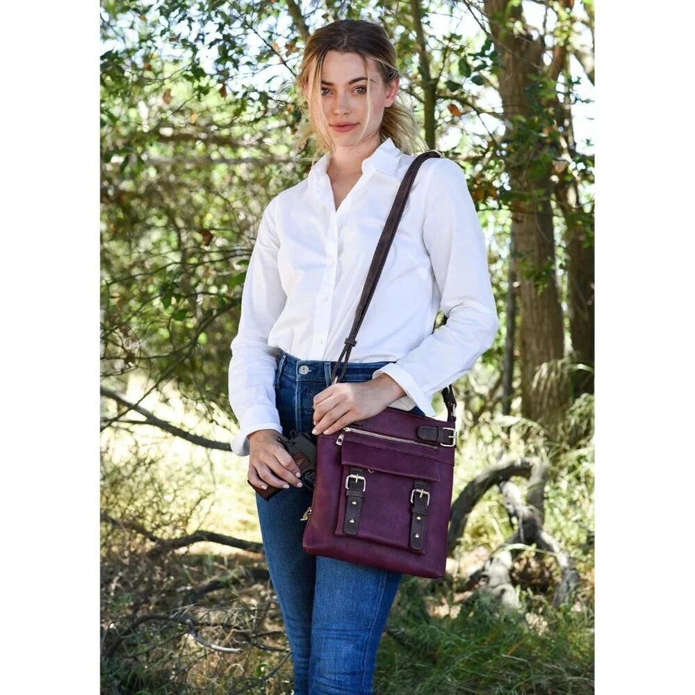 2 Toned Faux Leather Concealed Carry Crossbody Bag with Lock for Women